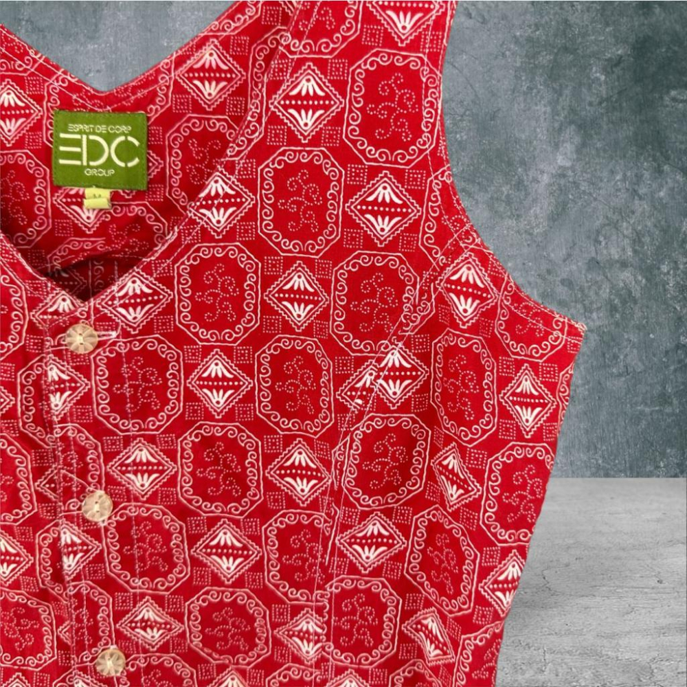 二手 ESPRIT EDC 香港製 紅 棉麻佩利斯花紋前開扣腰身短褲M 無袖 連身褲 VA712﹝凡賽蘇﹞-細節圖2