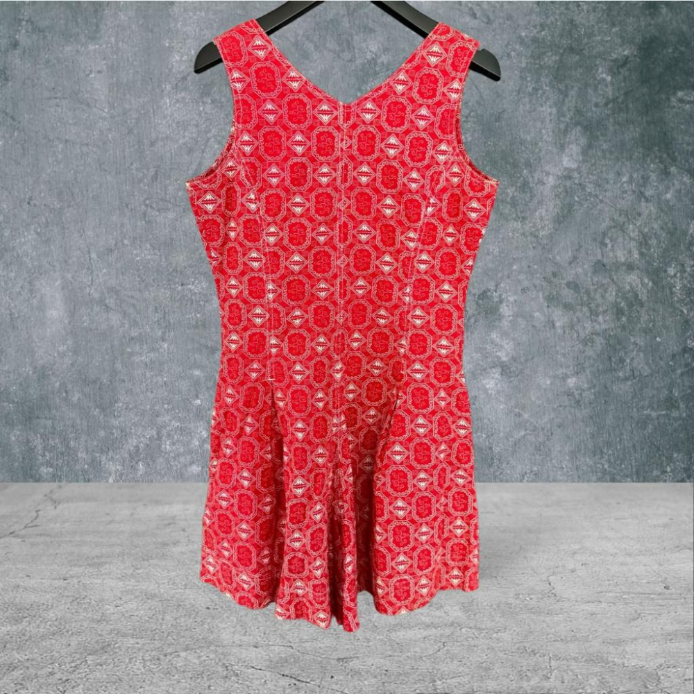 二手 ESPRIT EDC 香港製 紅 棉麻佩利斯花紋前開扣腰身短褲M 無袖 連身褲 VA712﹝凡賽蘇﹞-細節圖4