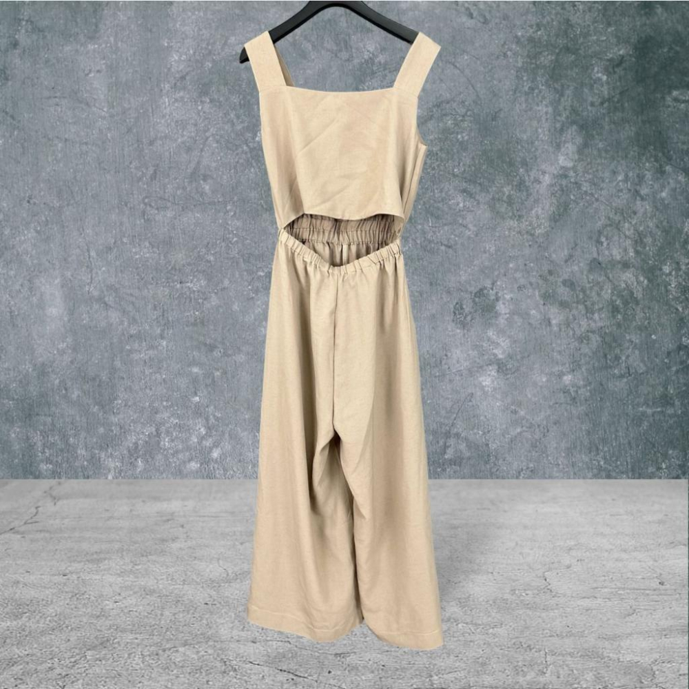 二手 YIFAN 卡其 棉麻寬肩帶背後腰簍空連身寬褲 無袖 連身褲 VA711﹝凡賽蘇﹞-細節圖5