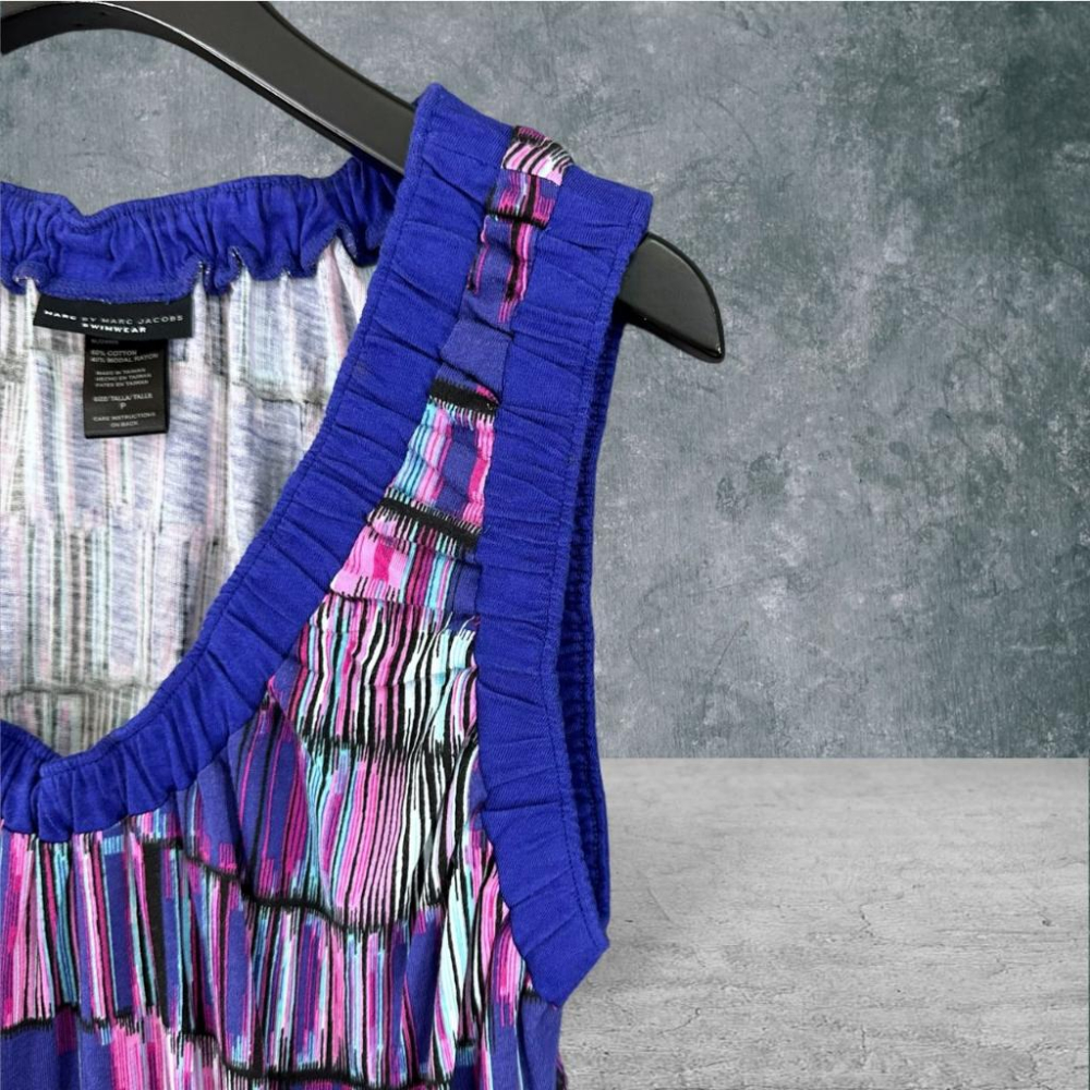 二手 Marc Jacobs 藍紫 彈性棉麻多彩線條包臀下擺兩側口袋 無袖 洋裝 VA711﹝凡賽蘇﹞-細節圖2