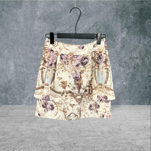 二手 0918 米紫 質感緞面古典玫瑰假兩件窄裙 短裙 VA708﹝凡賽蘇﹞