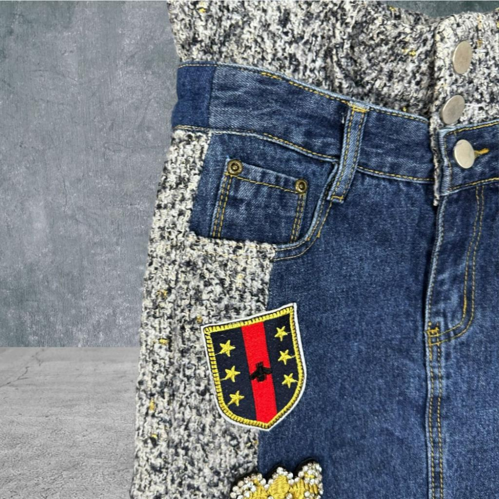 二手 PER ME 藍 牛仔拼接毛呢針織拼布水鑽後開衩直筒鉛筆裙 短裙 VA708﹝凡賽蘇﹞-細節圖2