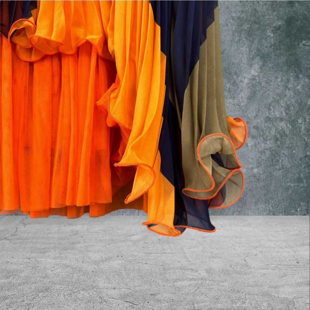 二手 COLOR 橘咖藍 壓褶雪紡拼接網紗裙襬 無袖 洋裝 VA707﹝凡賽蘇﹞-細節圖2