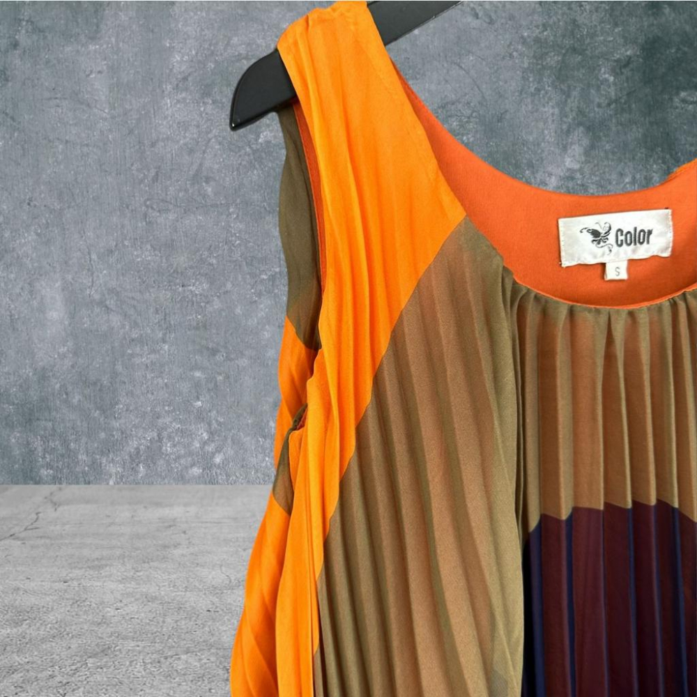 二手 COLOR 橘咖藍 壓褶雪紡拼接網紗裙襬 無袖 洋裝 VA707﹝凡賽蘇﹞-細節圖3