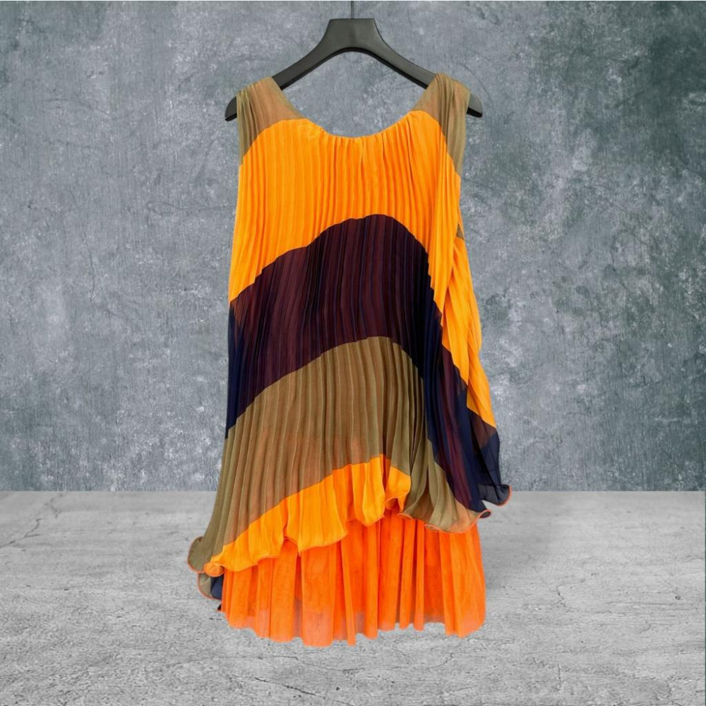 二手 COLOR 橘咖藍 壓褶雪紡拼接網紗裙襬 無袖 洋裝 VA707﹝凡賽蘇﹞-細節圖4
