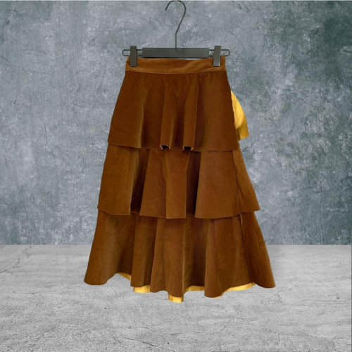 二手 Rongsheng 焦糖咖 高磅數直紋絨布三層荷葉裙 長裙 VA614 ﹝凡賽蘇﹞