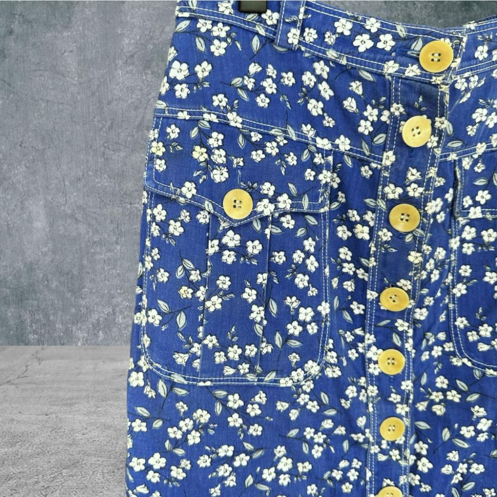 二手 Femina 西班牙製 藍 古董 棉麻小碎花前開扣前開衩造型雙口袋窄裙鉛筆裙 短裙 VA601 ﹝凡賽蘇﹞-細節圖2