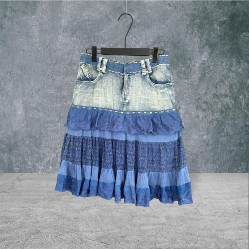 二手 e-Qi 藍 復古水洗牛仔拼接蕾絲蛋糕裙襬 短裙 VA529 ﹝凡賽蘇﹞