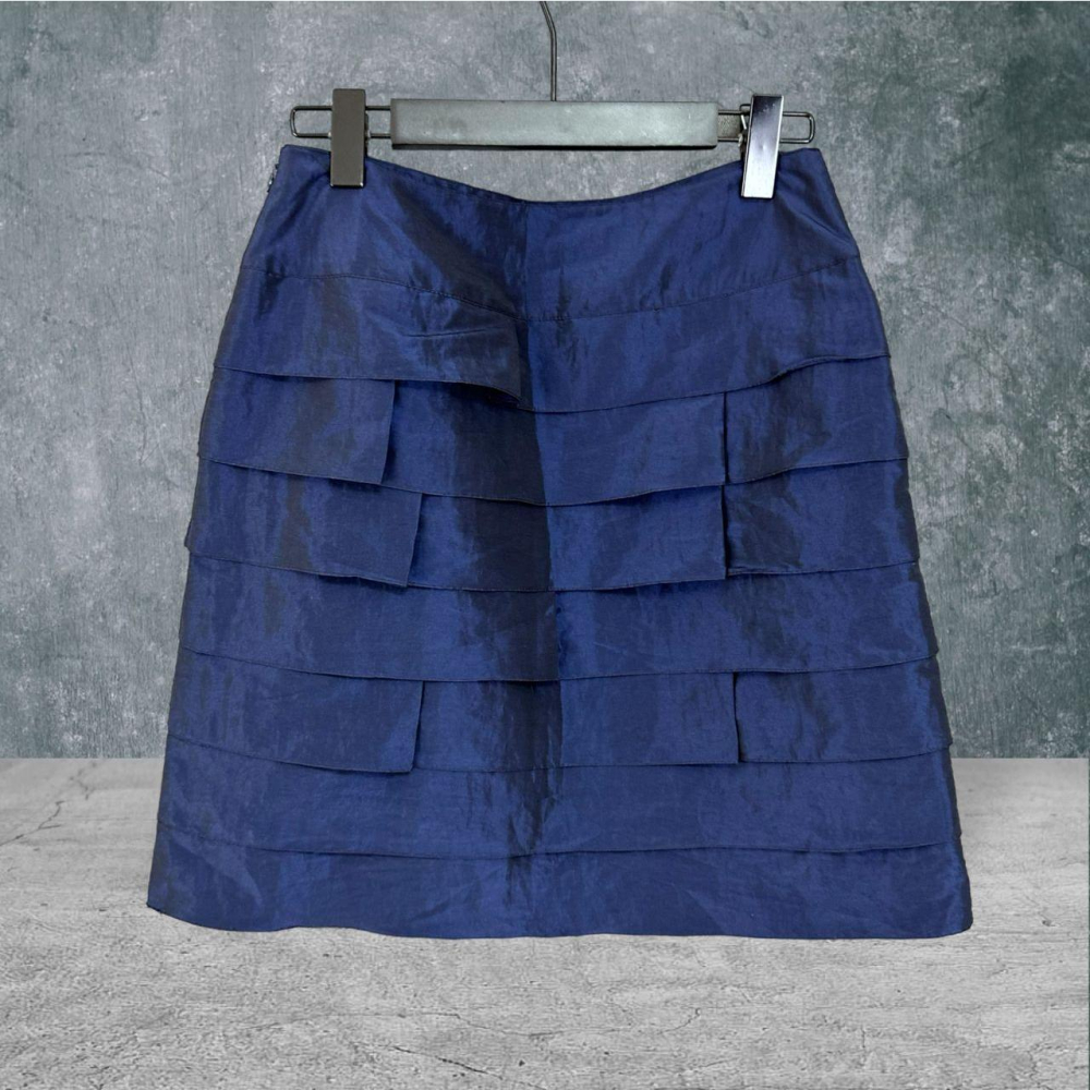 二手 CHAVANA 寶藍 光澤緞面壓摺波浪層次蛋糕A字裙 短裙 VA524 ﹝凡賽蘇﹞-細節圖3