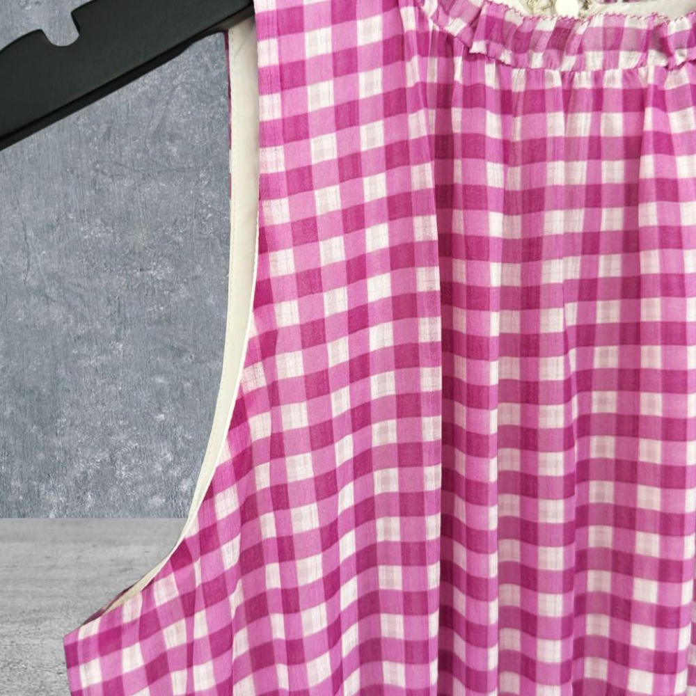 二手 ANN TAYLOR 印度製 紅白 雪紡格紋木耳領削肩長洋 古典美式田園 無袖 洋裝 VA521 ﹝凡賽蘇﹞-細節圖2