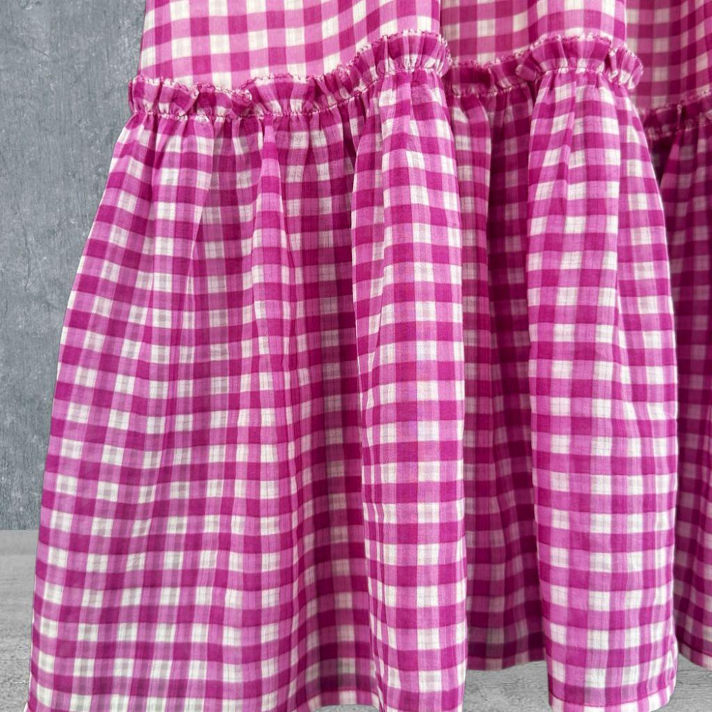 二手 ANN TAYLOR 印度製 紅白 雪紡格紋木耳領削肩長洋 古典美式田園 無袖 洋裝 VA521 ﹝凡賽蘇﹞-細節圖3