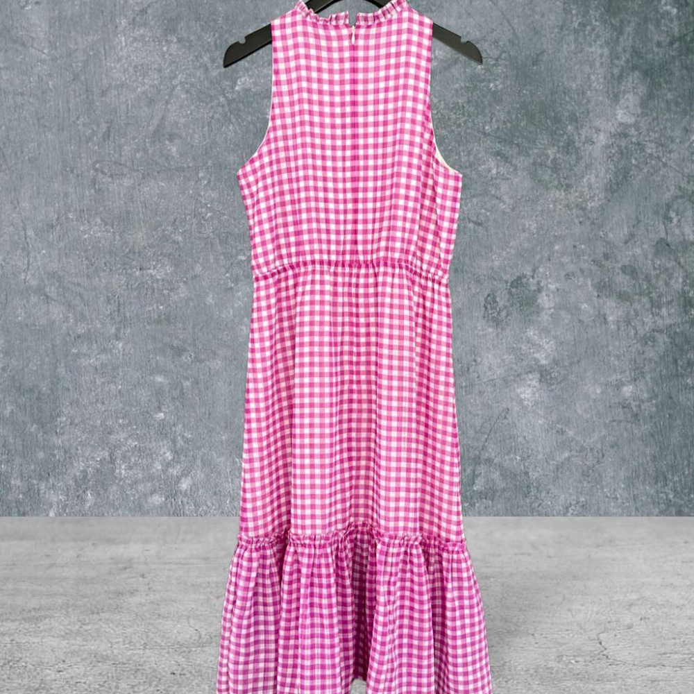 二手 ANN TAYLOR 印度製 紅白 雪紡格紋木耳領削肩長洋 古典美式田園 無袖 洋裝 VA521 ﹝凡賽蘇﹞-細節圖4