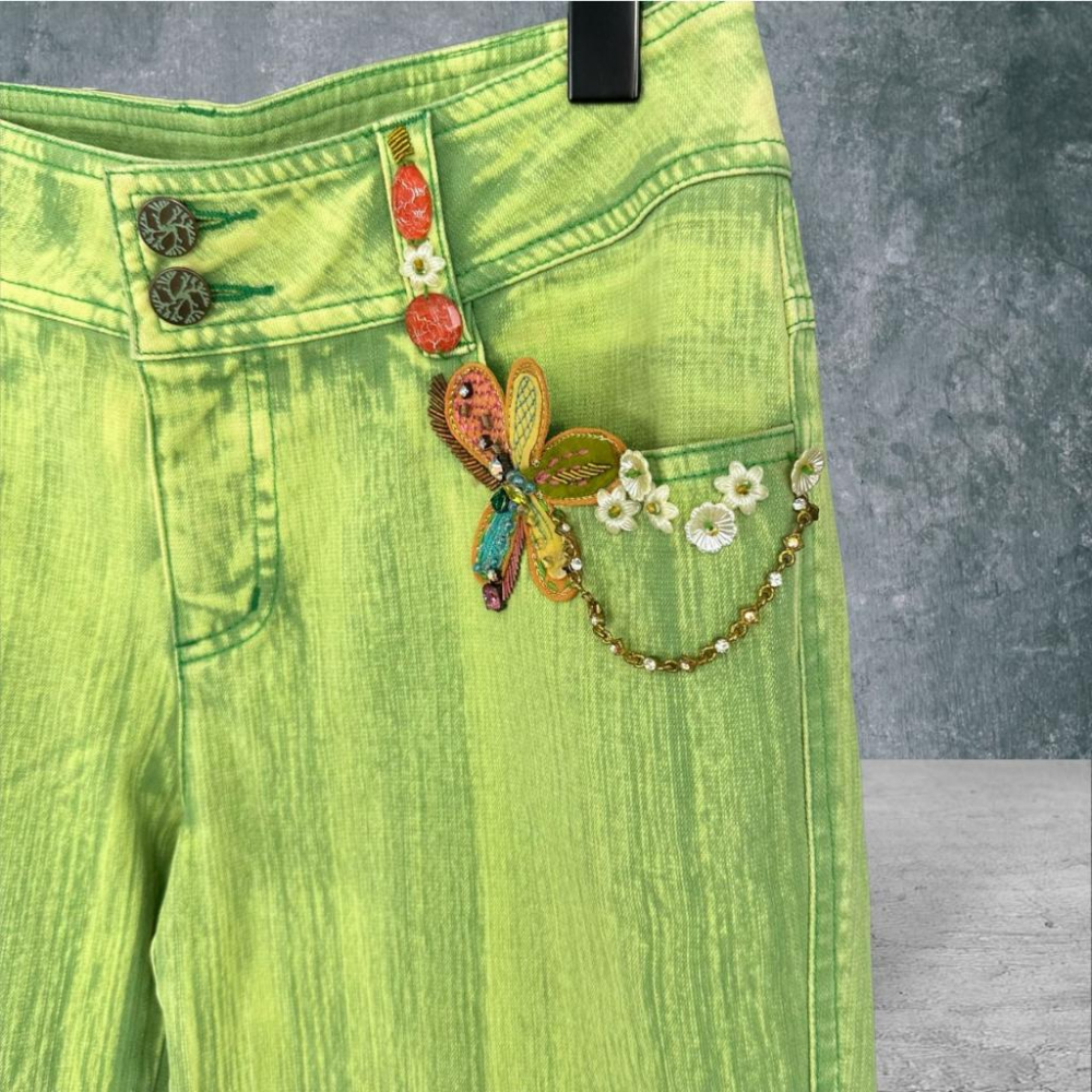 二手 MEIJYCHIN 綠色 刷色亮片縫珠裝飾喇叭 彈性顯瘦牛仔 長褲 VA505 ﹝凡賽蘇﹞-細節圖2