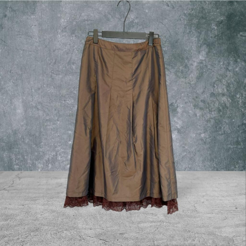 二手 尤薇納 日本製 咖啡 光澤緞面裙襬蕾絲正式優雅A字裙 長裙 VA505 ﹝凡賽蘇﹞