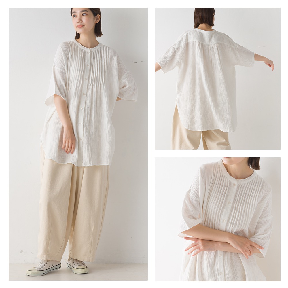 【預購】日本 OMNES 壓褶設計雙重紗5分袖襯衫-細節圖4