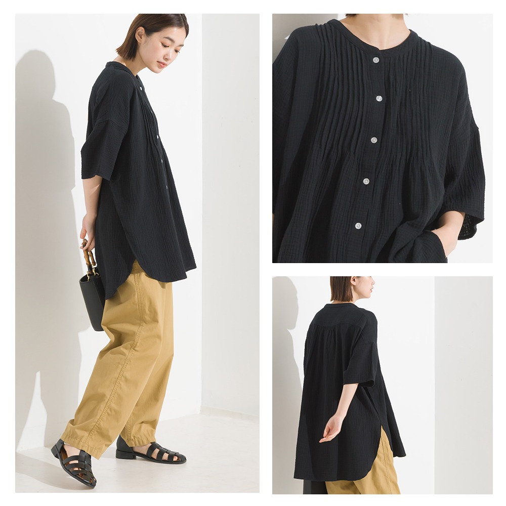 【預購】日本 OMNES 壓褶設計雙重紗5分袖襯衫-細節圖5