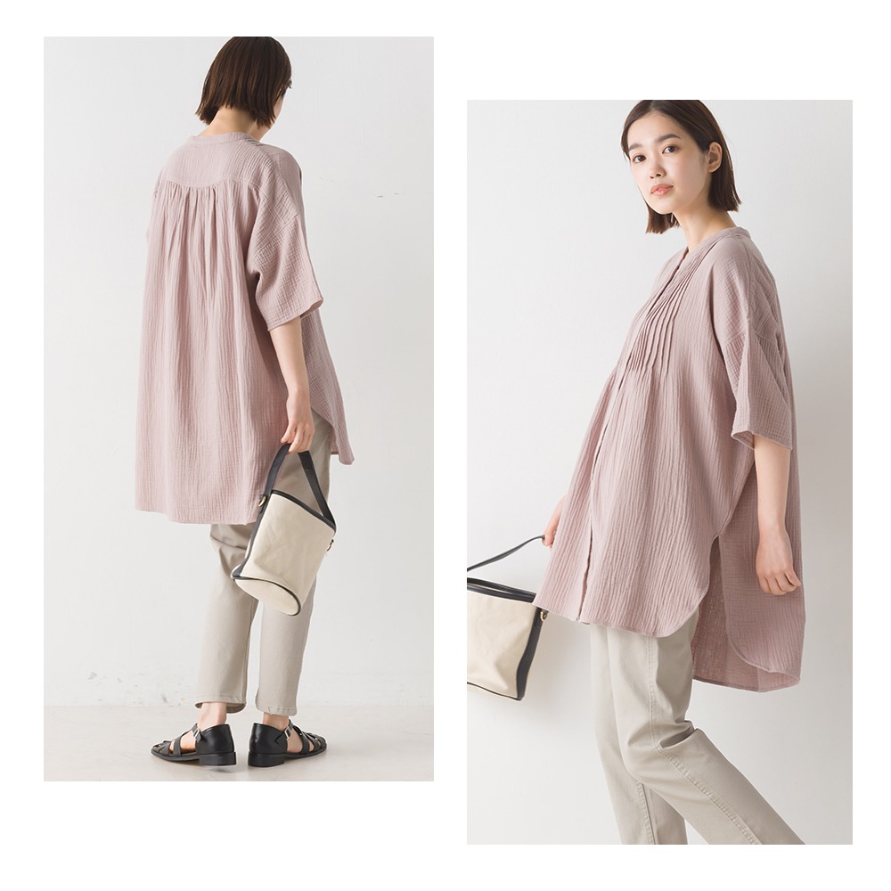 【預購】日本 OMNES 壓褶設計雙重紗5分袖襯衫-細節圖6