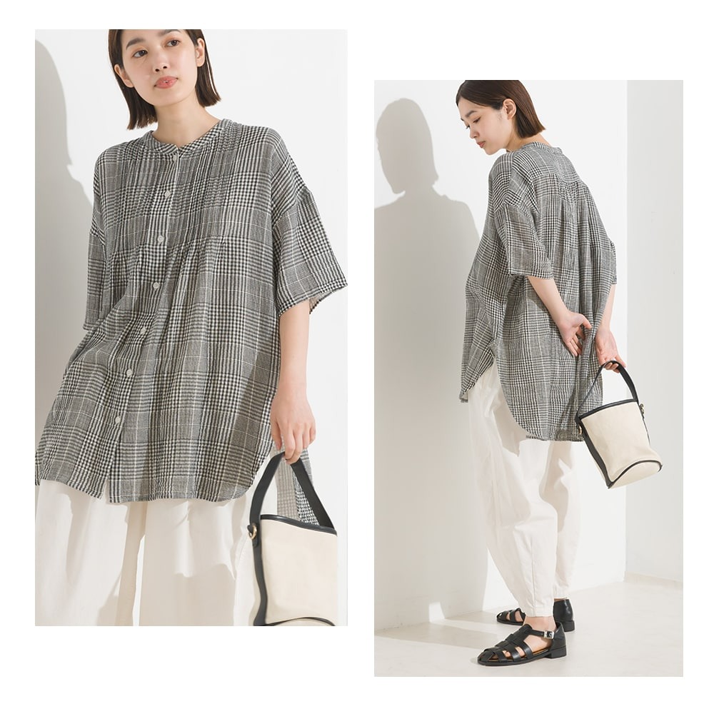 【預購】日本 OMNES 壓褶設計雙重紗5分袖襯衫-細節圖8