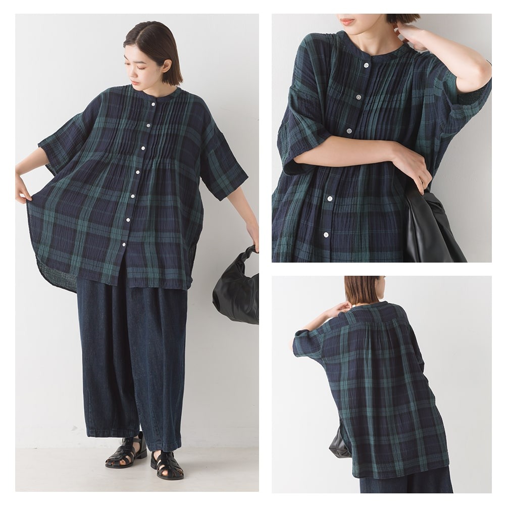 【預購】日本 OMNES 壓褶設計雙重紗5分袖襯衫-細節圖9