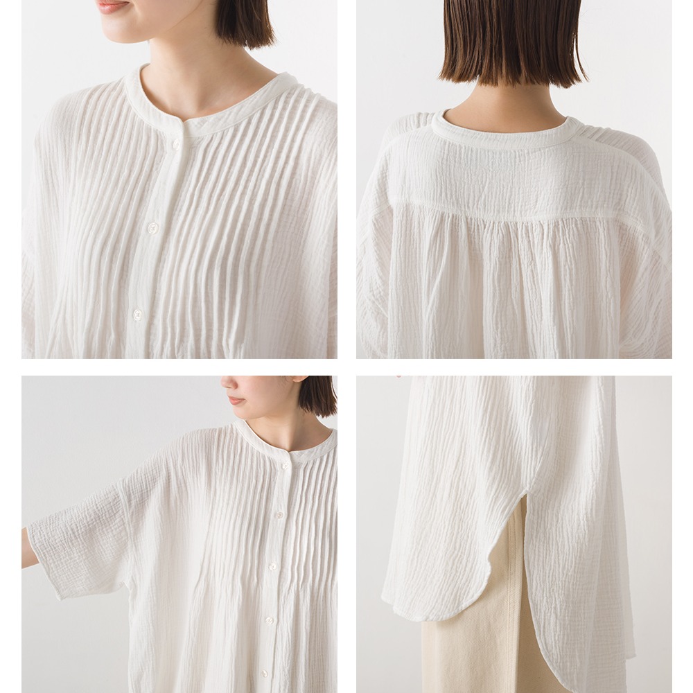 【預購】日本 OMNES 壓褶設計雙重紗5分袖襯衫-細節圖10