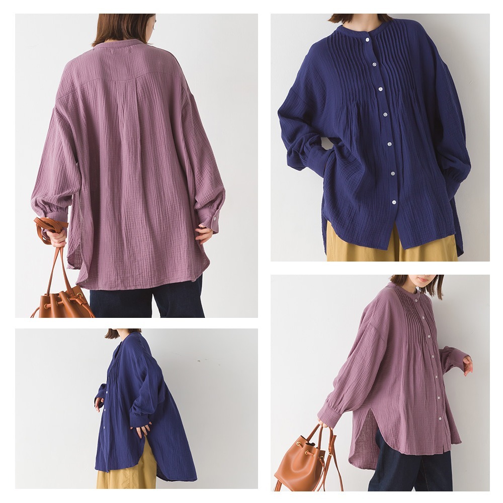 【預購】日本 OMNES 壓褶設計2重紗長袖襯衫-細節圖4