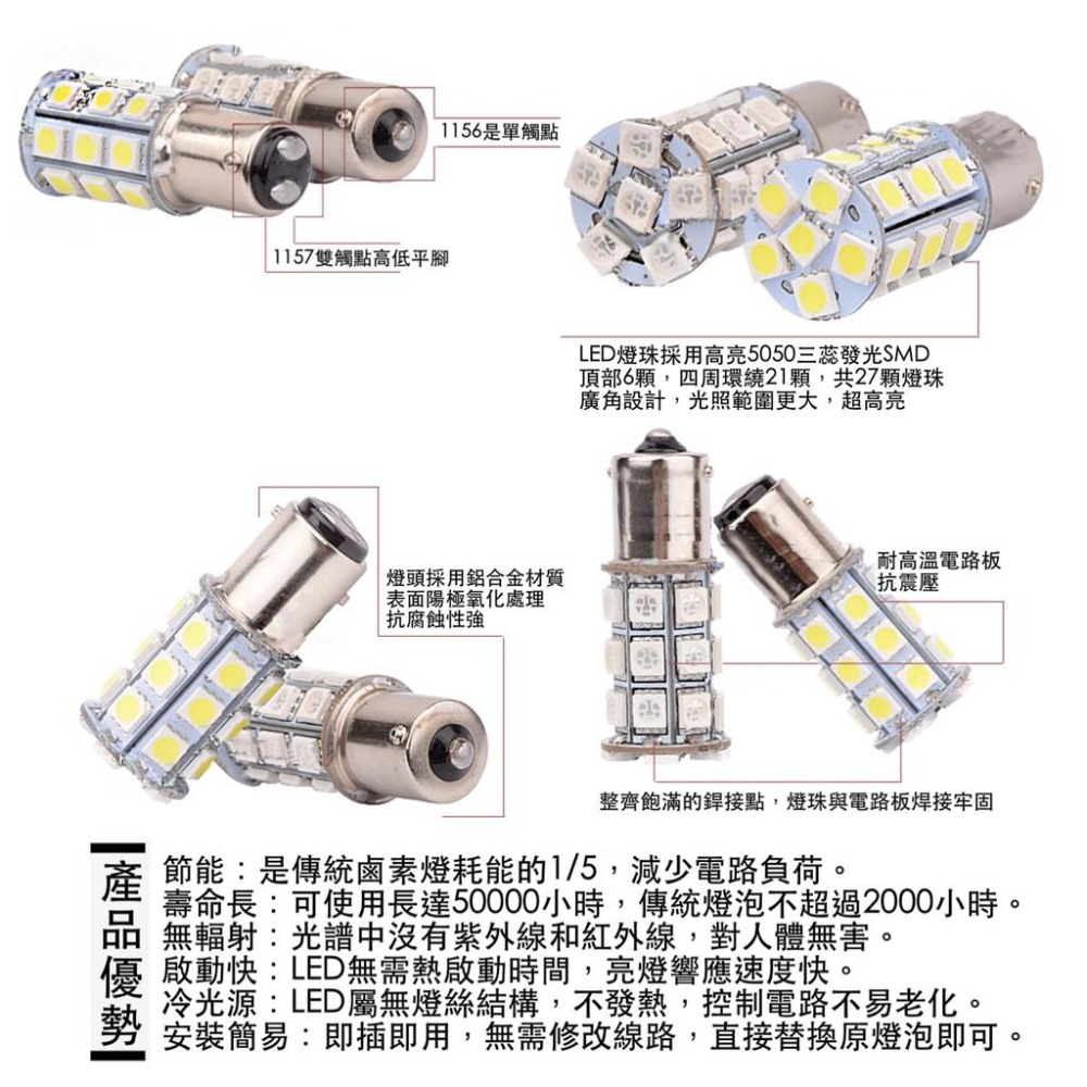 1156 1157 T20 7443 LED (紅光) 27燈 閃爍款 常亮款 剎車燈 12V 汽機車 閃爍尾燈 煞車燈-細節圖3