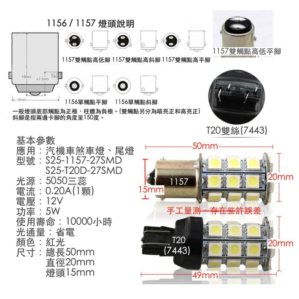 1156 1157 T20 7443 LED (紅光) 27燈 閃爍款 常亮款 剎車燈 12V 汽機車 閃爍尾燈 煞車燈-細節圖4