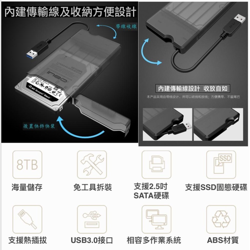 隨身硬碟盒 Ineo內建收納傳輸線 USB3.0 2.5吋 SATA硬碟轉接線 行動外接盒 硬碟外接-細節圖4