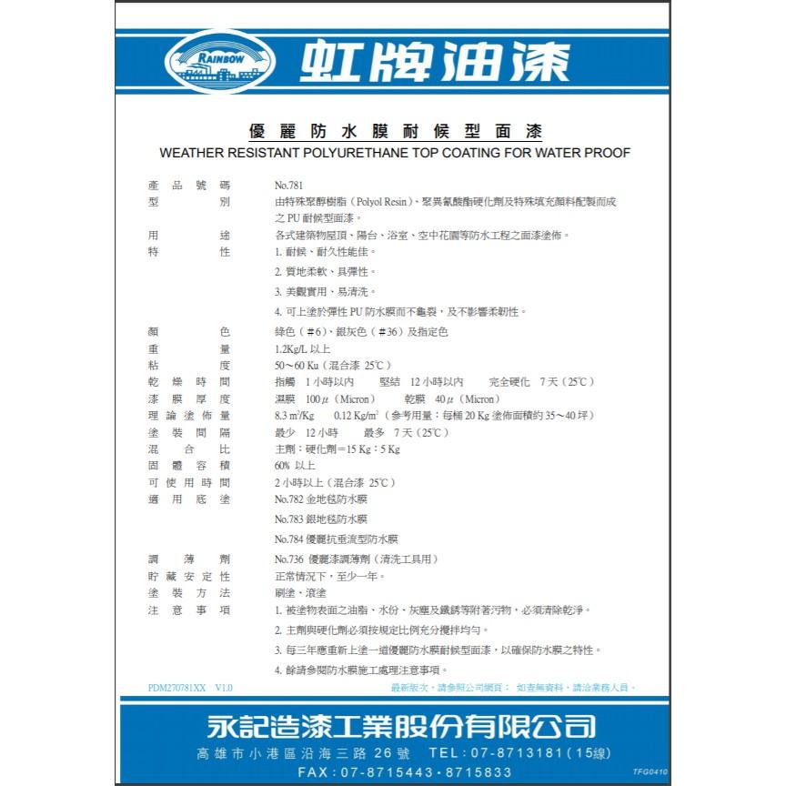 虹牌油漆 PU防水漆。781 優麗防水膜耐候型面漆 屋頂防水  白色太陽光反射率（TSR）大於 80%有效隔熱-細節圖3