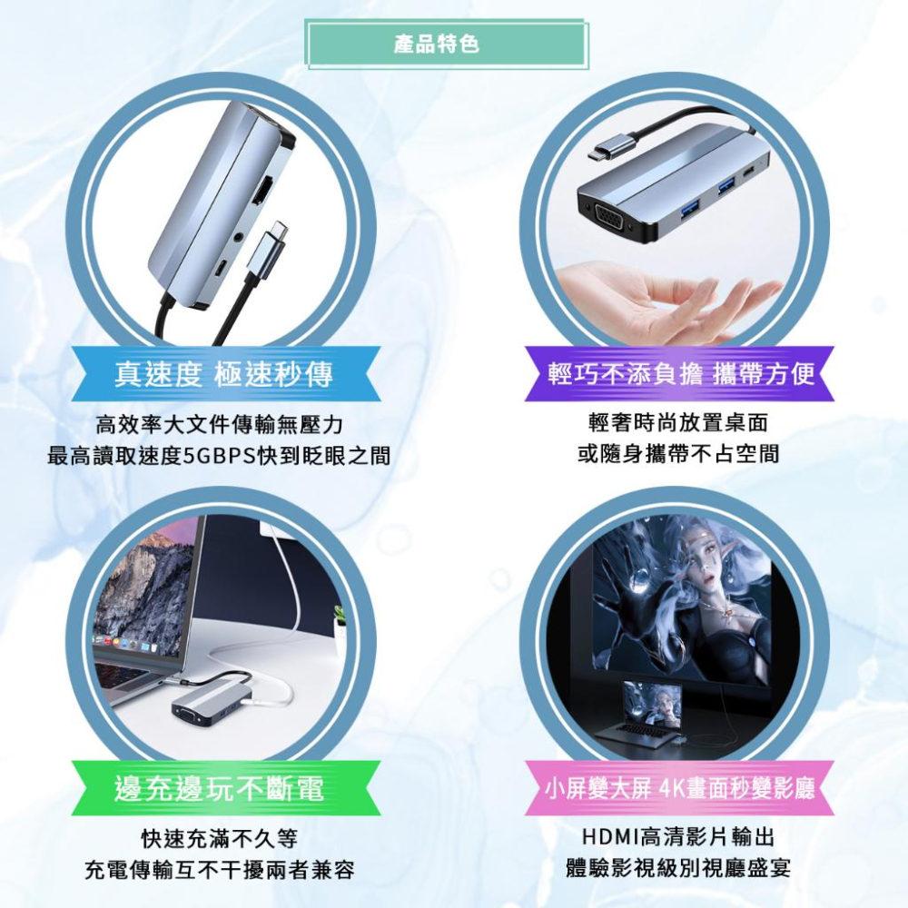 多功能轉接器 集線器type-c擴展器七合一USB+HDMI+USB-C+音頻+PD+VGA電腦 充電 擴充器 讀卡機-細節圖5