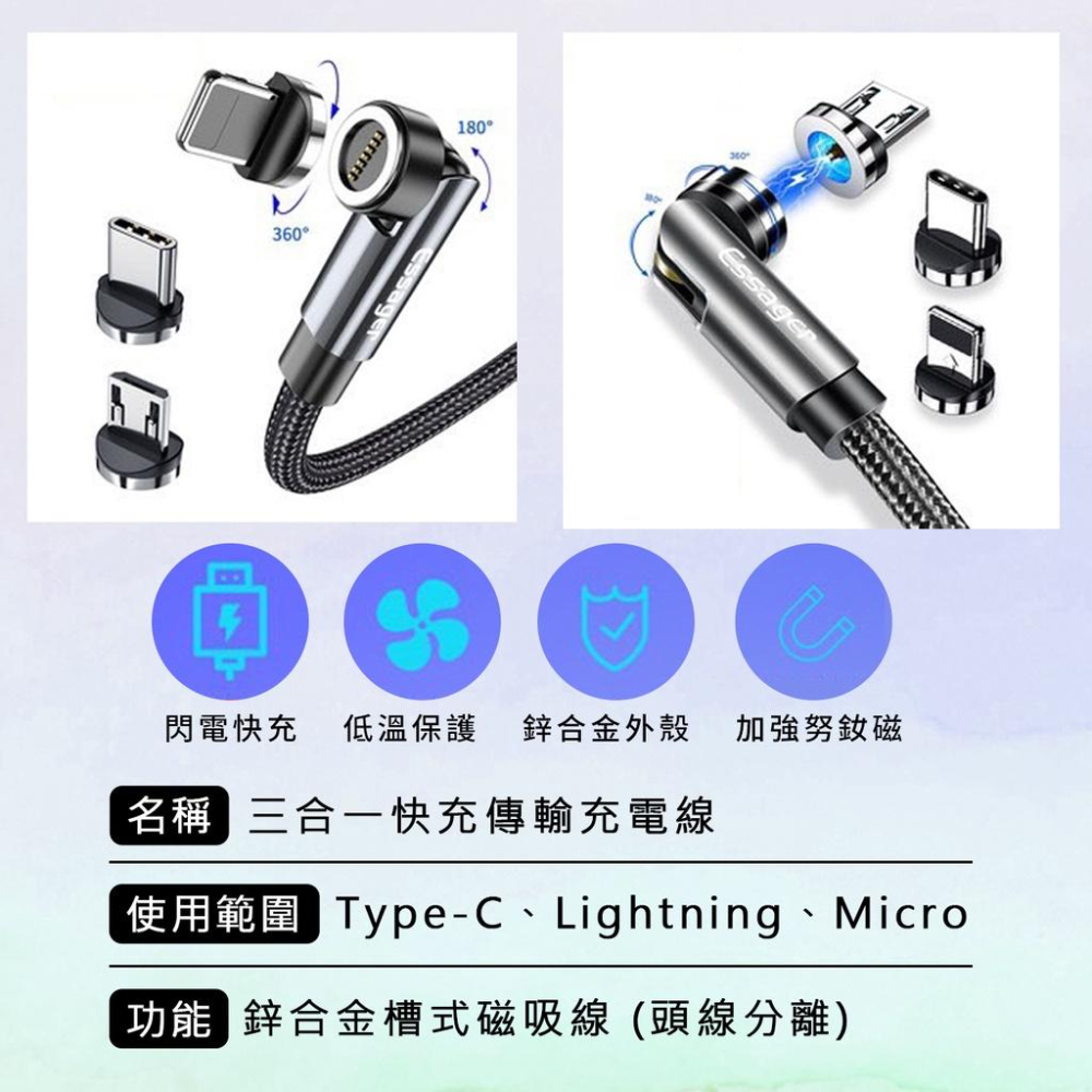 三合一60W充電線 USB快充磁吸 360度磁吸線 Type-C,Lightning,Micro-USB 三合1 磁吸充-細節圖2