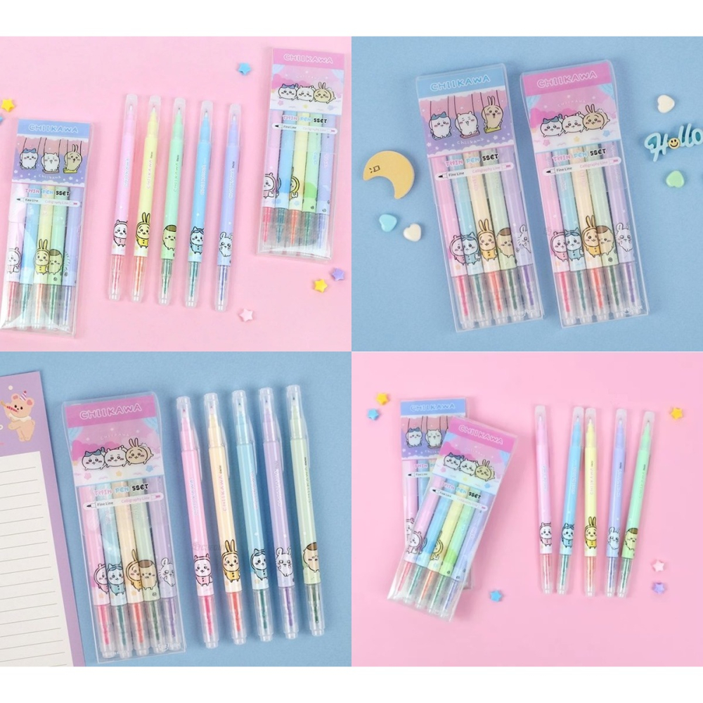 😉吉伊卡哇韓國螢光筆組 小掃把組 標記筆 桌上小掃把 雙頭螢光筆5色組-細節圖2