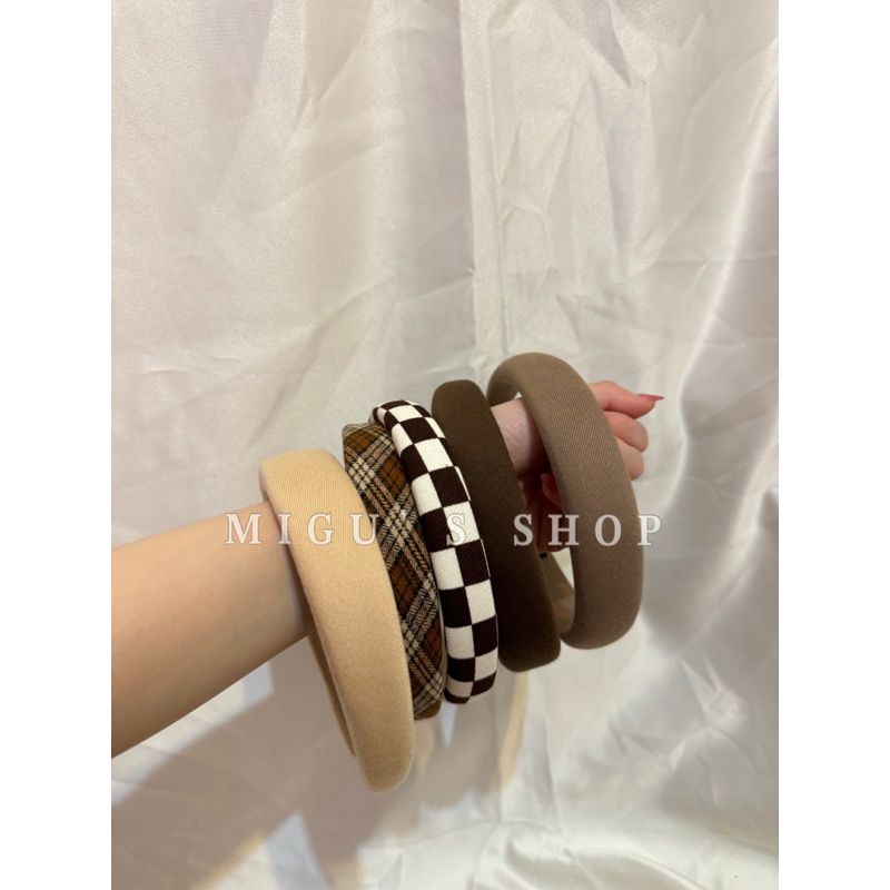 𝐌𝐈𝐆𝐔📷（現+預購） 秋冬海綿髮箍 高顏值髮箍 奶茶色 格紋髮箍 #D03001-細節圖2