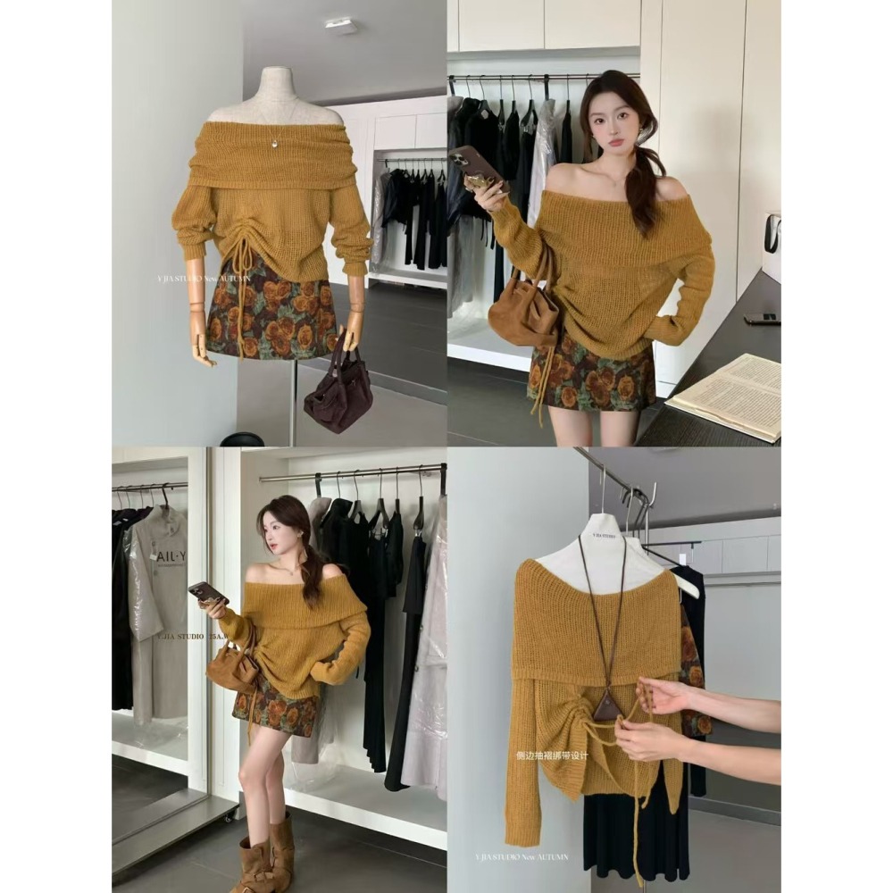 小香風-咖色一字肩針織小衫+裙子套装(波廠)-細節圖2
