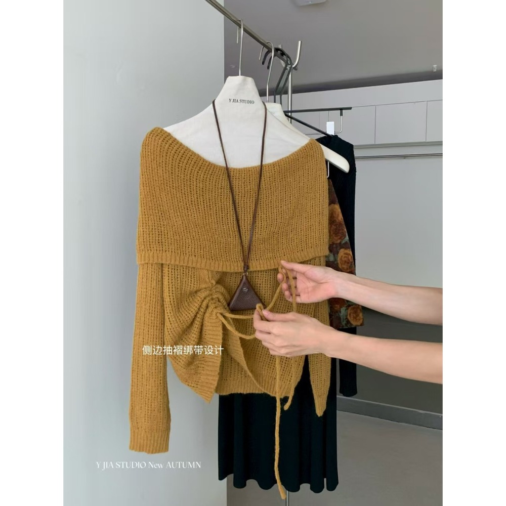 小香風-咖色一字肩針織小衫+裙子套装(波廠)-細節圖4