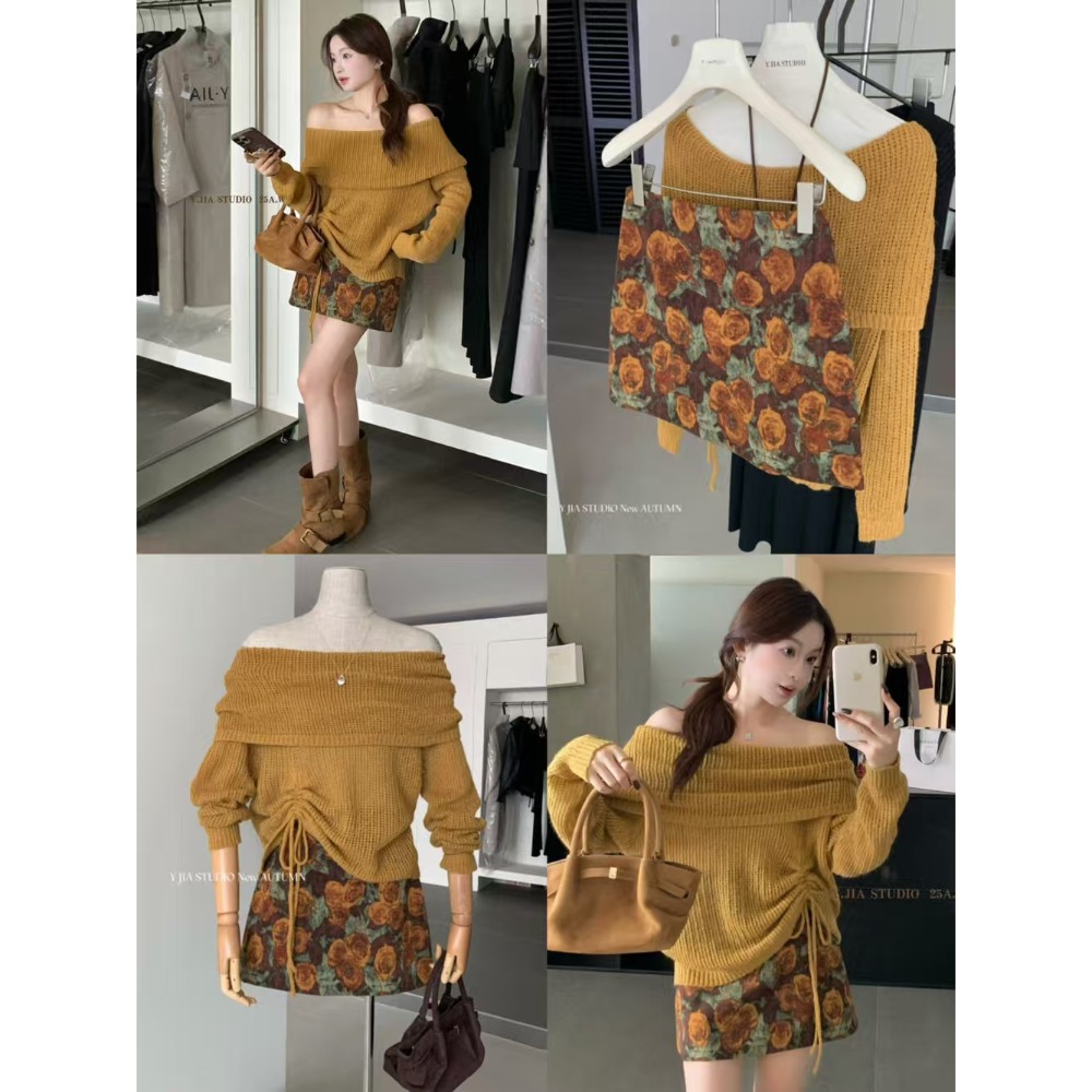 小香風-咖色一字肩針織小衫+裙子套装(波廠)-規格圖10