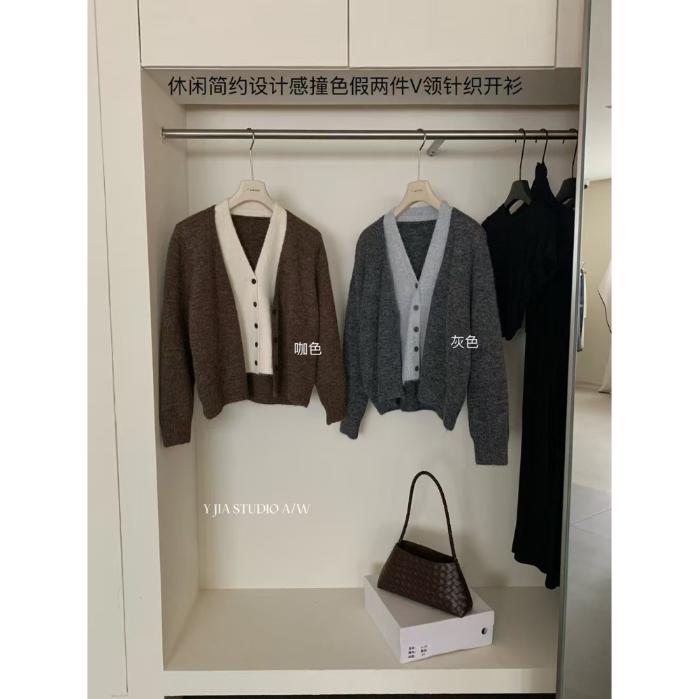 休閒簡約設計感撞色假兩件V領針織(波廠)-細節圖4
