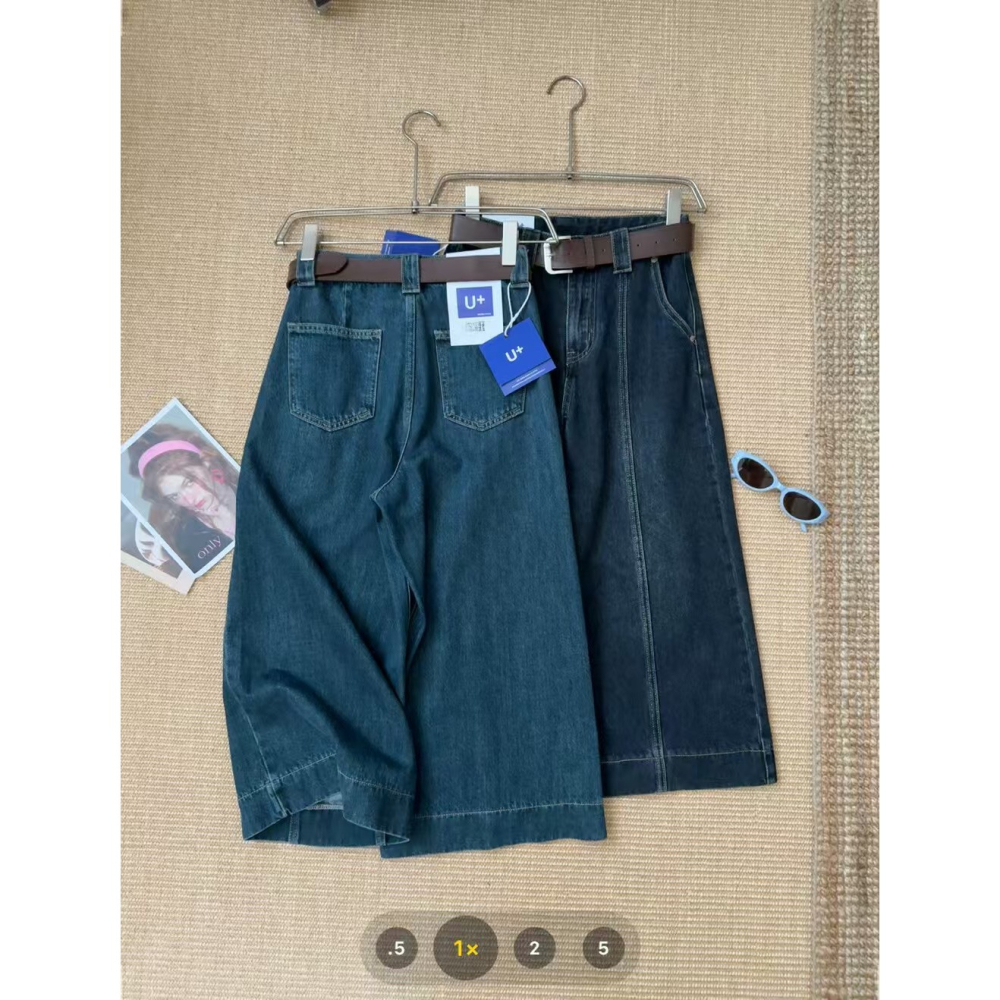 發財庫 爆火七分裤型獨特中線設計超靓水洗色牛仔裤（配腰带)-細節圖4