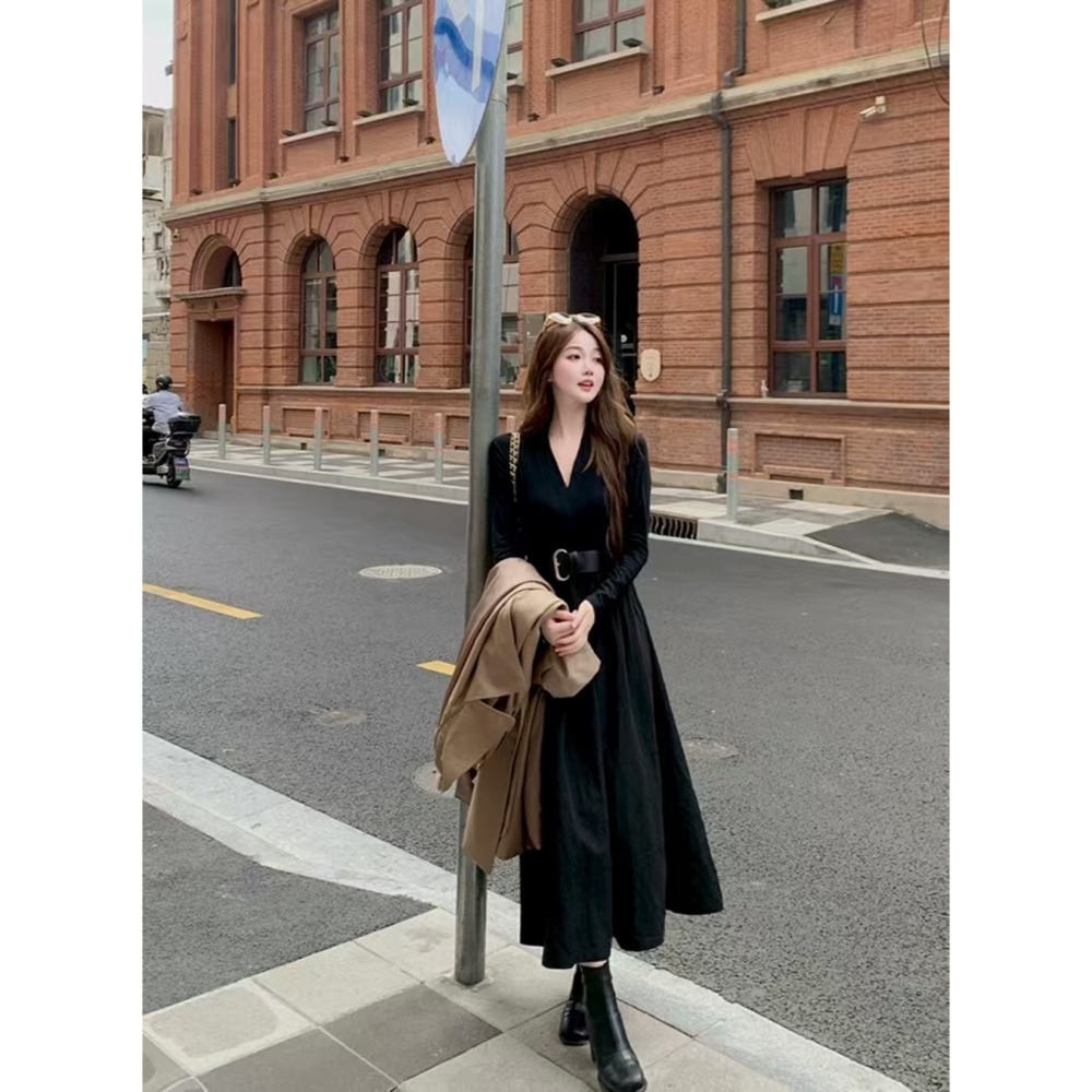 設計感氣質復古收腰顯瘦v領連衣裙（配腰带）-細節圖2