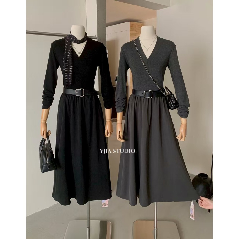 設計感氣質復古收腰顯瘦v領連衣裙（配腰带）-細節圖4