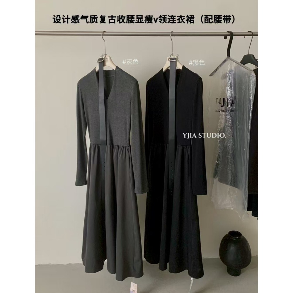 設計感氣質復古收腰顯瘦v領連衣裙（配腰带）-細節圖5