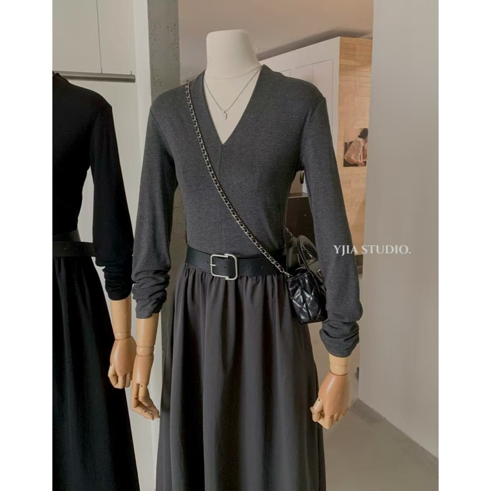 設計感氣質復古收腰顯瘦v領連衣裙（配腰带）-細節圖6