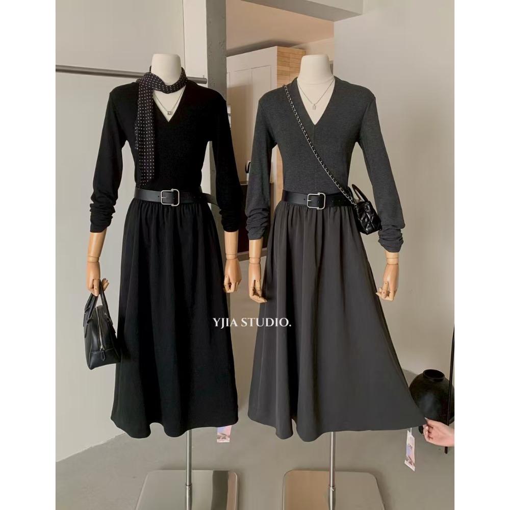 設計感氣質復古收腰顯瘦v領連衣裙（配腰带）-規格圖8