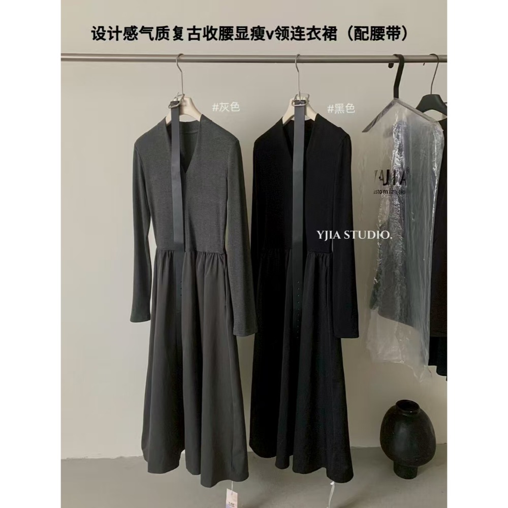 設計感氣質復古收腰顯瘦v領連衣裙（配腰带）-規格圖8