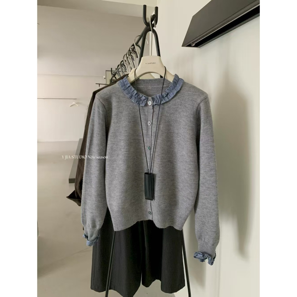 學院風木耳邊拼接減齡百搭毛衣+設計感a字格子半身裙套装-細節圖4