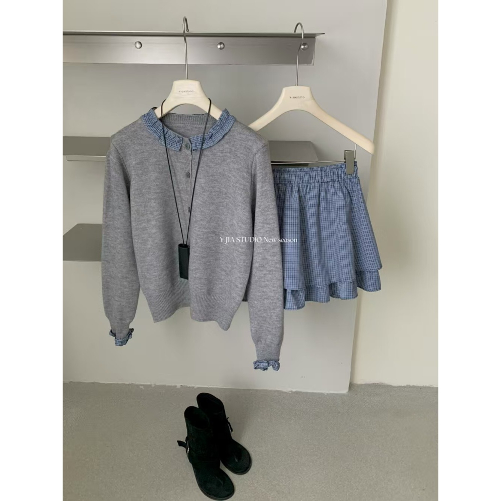 學院風木耳邊拼接減齡百搭毛衣+設計感a字格子半身裙套装-細節圖6