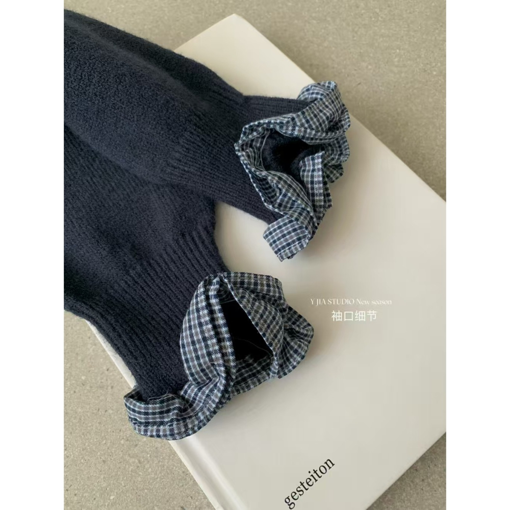 學院風木耳邊拼接減齡百搭毛衣+設計感a字格子半身裙套装-細節圖7
