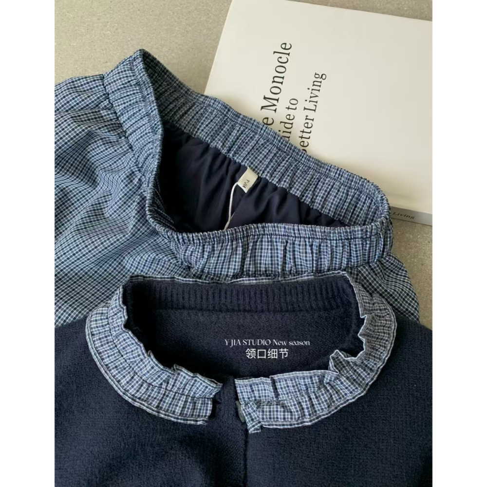 學院風木耳邊拼接減齡百搭毛衣+設計感a字格子半身裙套装-細節圖8