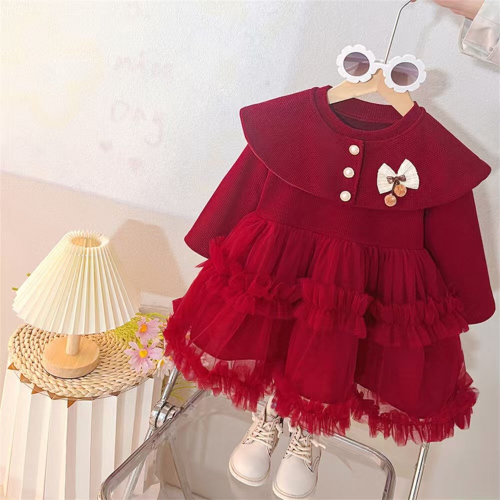 女嬰童網纱拼接長袖蝴蝶结公主連衣裙-細節圖5