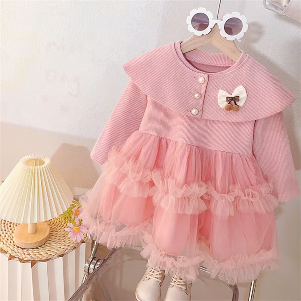 女嬰童網纱拼接長袖蝴蝶结公主連衣裙-細節圖7